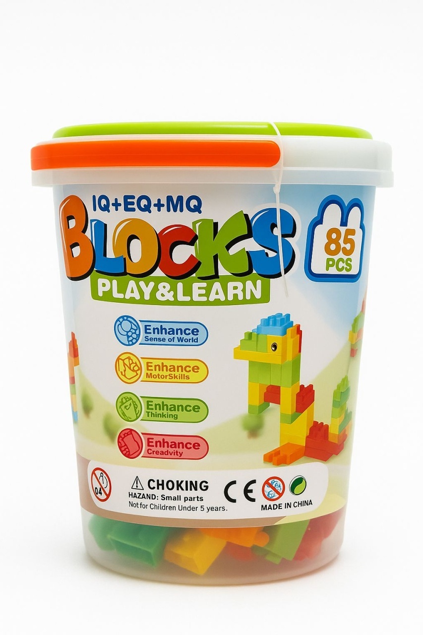 Set Blocuri de Construit Play Learn , 85 Piese , Galetusa din Plastic , Dimensiuni Mari , 23.5x23cm