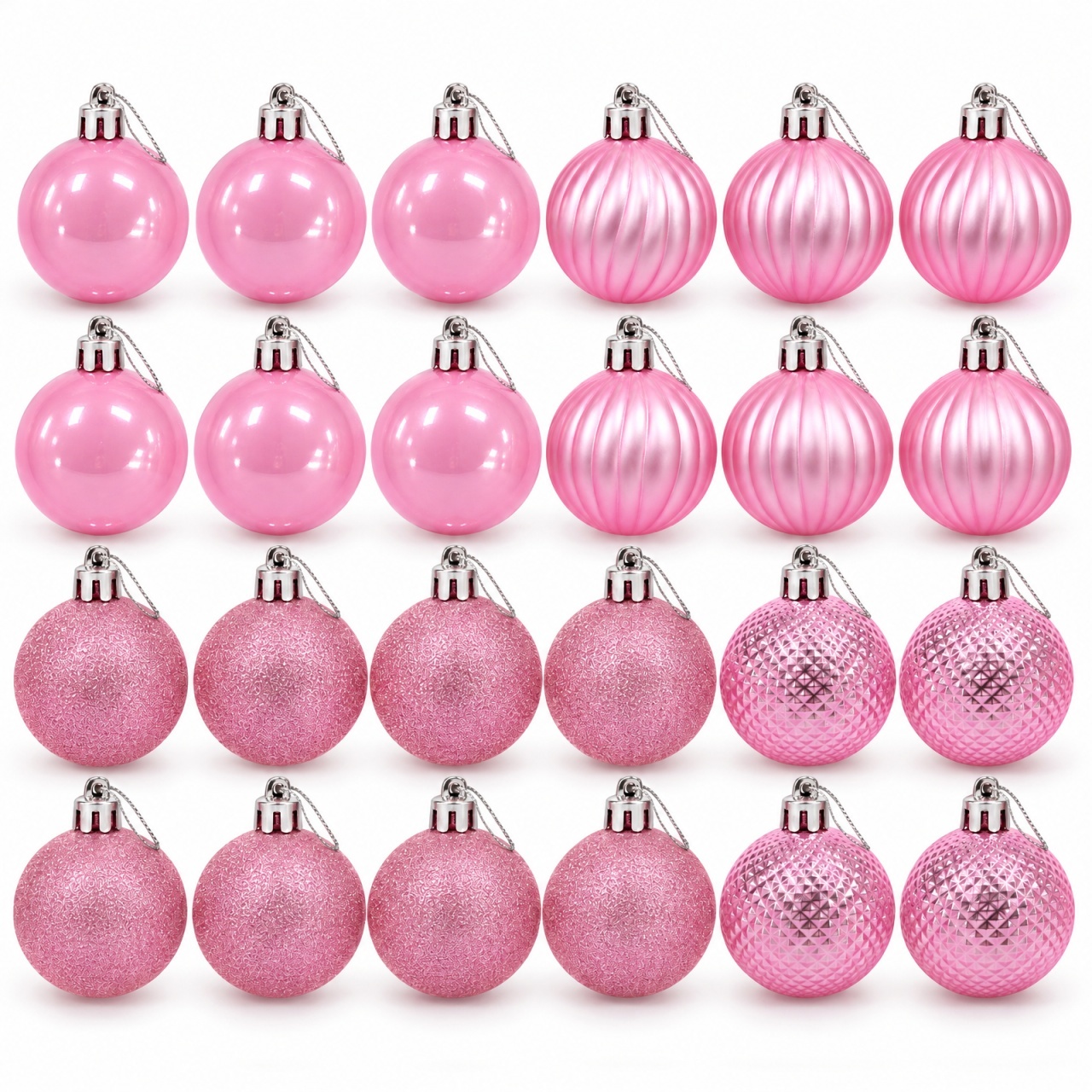 Set de 24 globuri de Crăciun roz, modele diverse in set, din plastic
