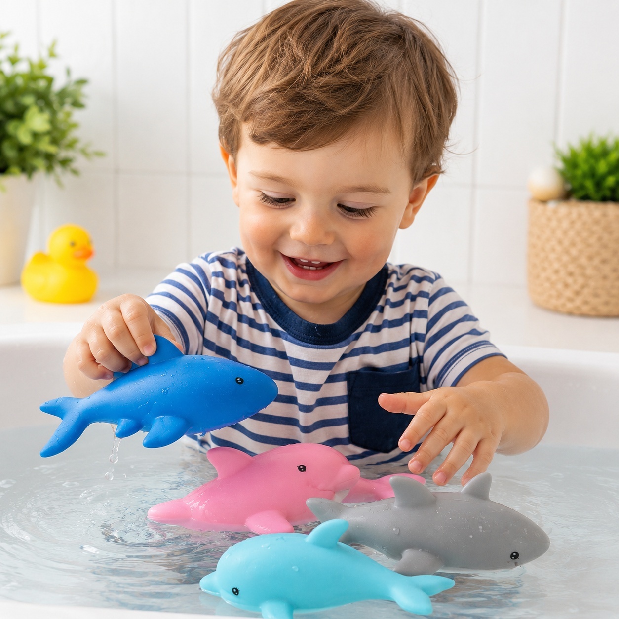 Set de 4 animalute de apa pentru baie copii, delfini si rechini colorati, 13 cm 2