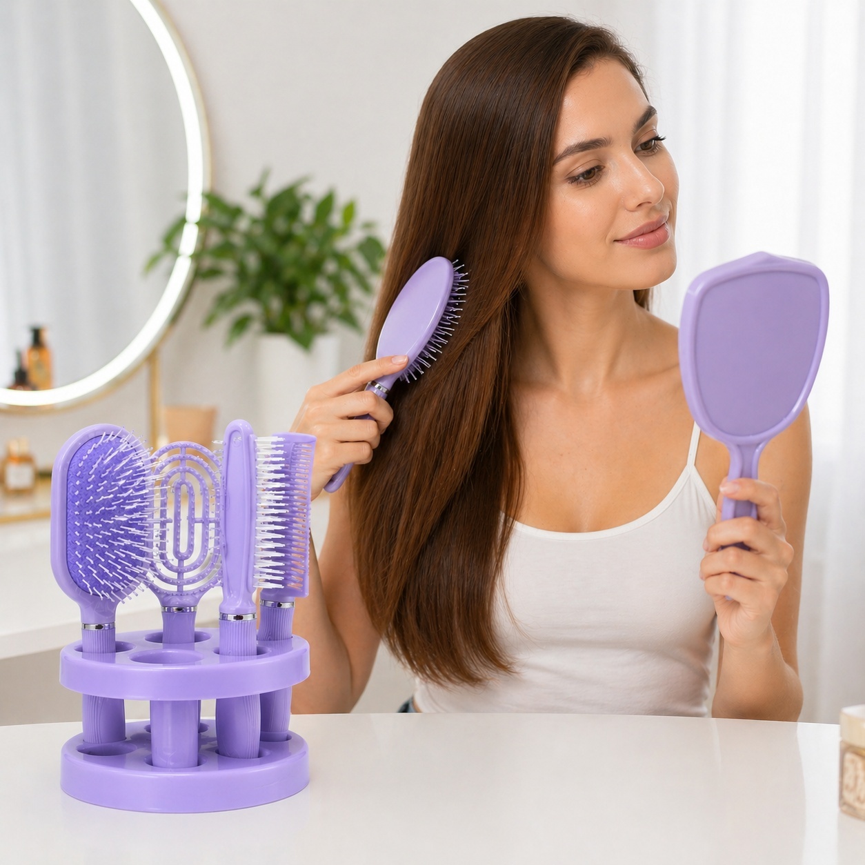Set de 4 Perii de Păr și Oglindă cu Suport, Mov – Kit Complet pentru Coafare și Îngrijire 3