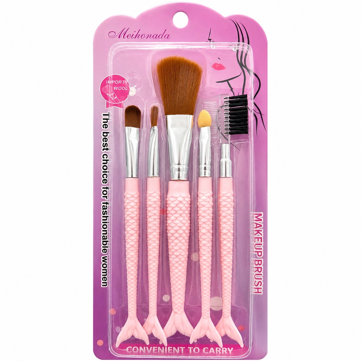 Set de 5 Pensule de Machiaj Roz – Pensule Profesionale în Formă de Sirenă