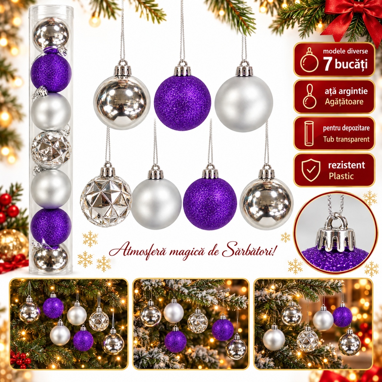 Set de 7 globuri pentru brad, din plastic, argintiu și mov, modele diverse in set, 48×6 cm