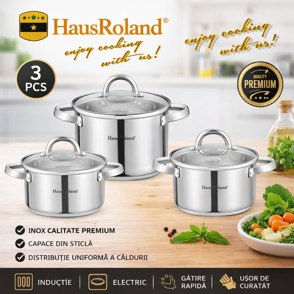 Set oale HausRoland din oțel inoxidabil cu capace din sticlă, 3 piese 3