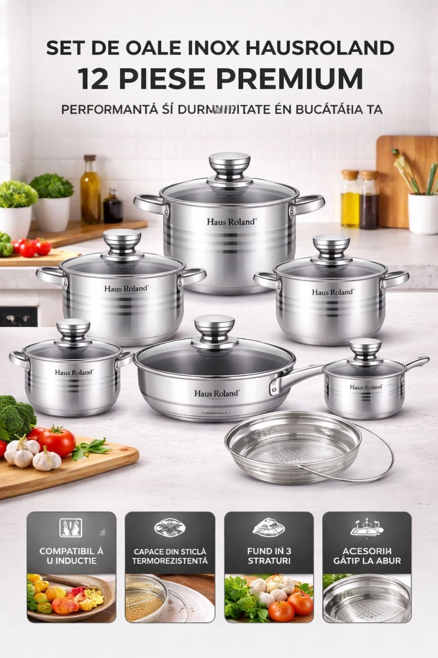 Set oale inox HausRoland 12 piese cu capace din sticlă și accesoriu pentru gătit la abur 2