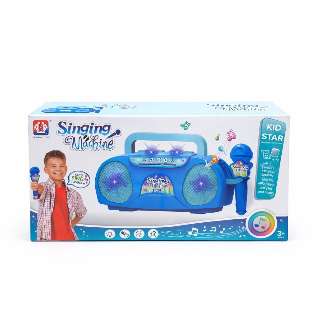 Sistem karaoke pentru copii cu microfon, lumini si muzica, model retro albastru 2