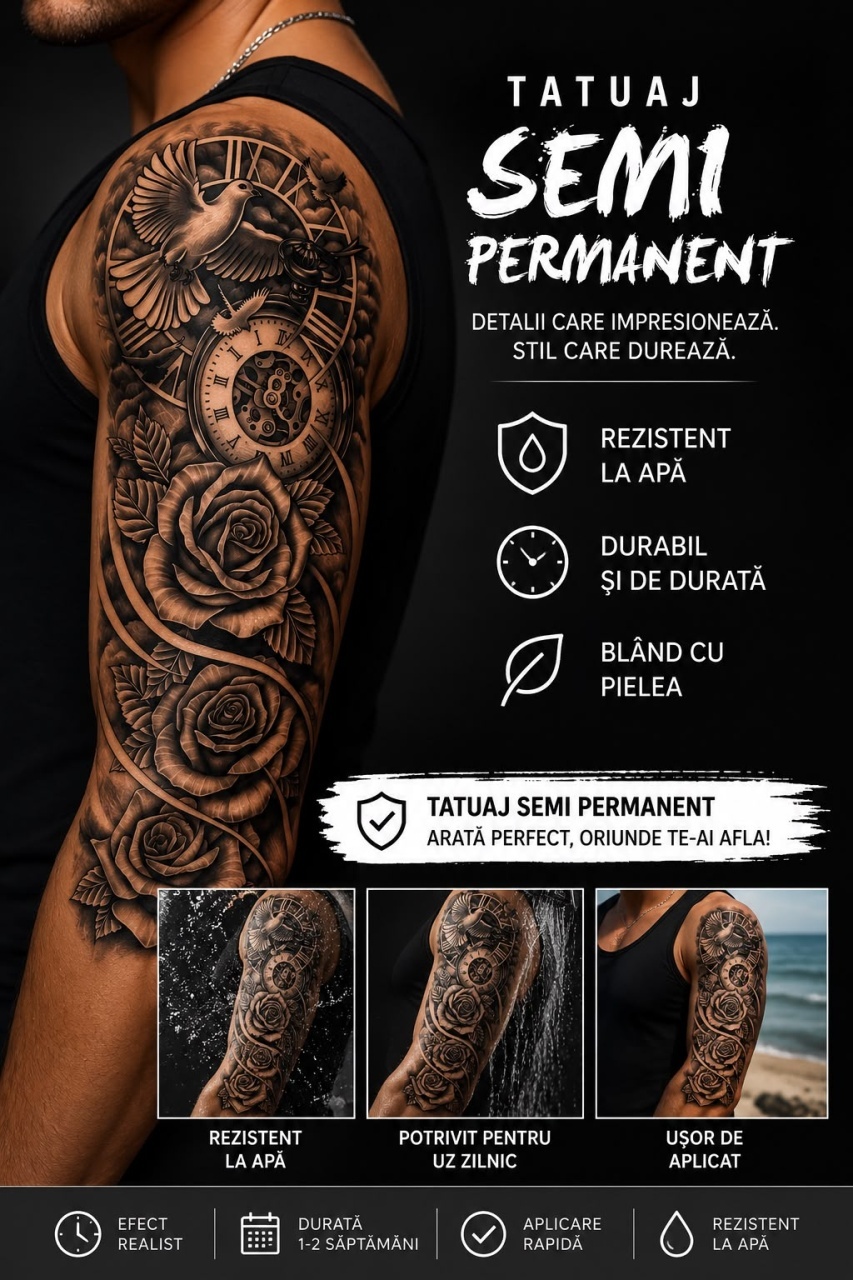 Tatuaj Semipermanent cu Porumbel, Ceas și Trandafiri – 45 cm 2