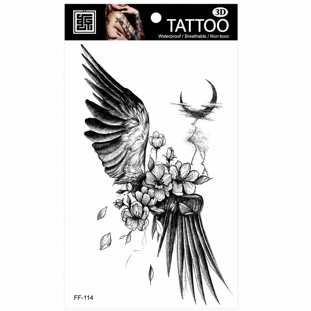 Tatuaj Temporar Semipermanent Aripă de Înger cu Flori și Semilună – 18 cm, Rezistent la Apă