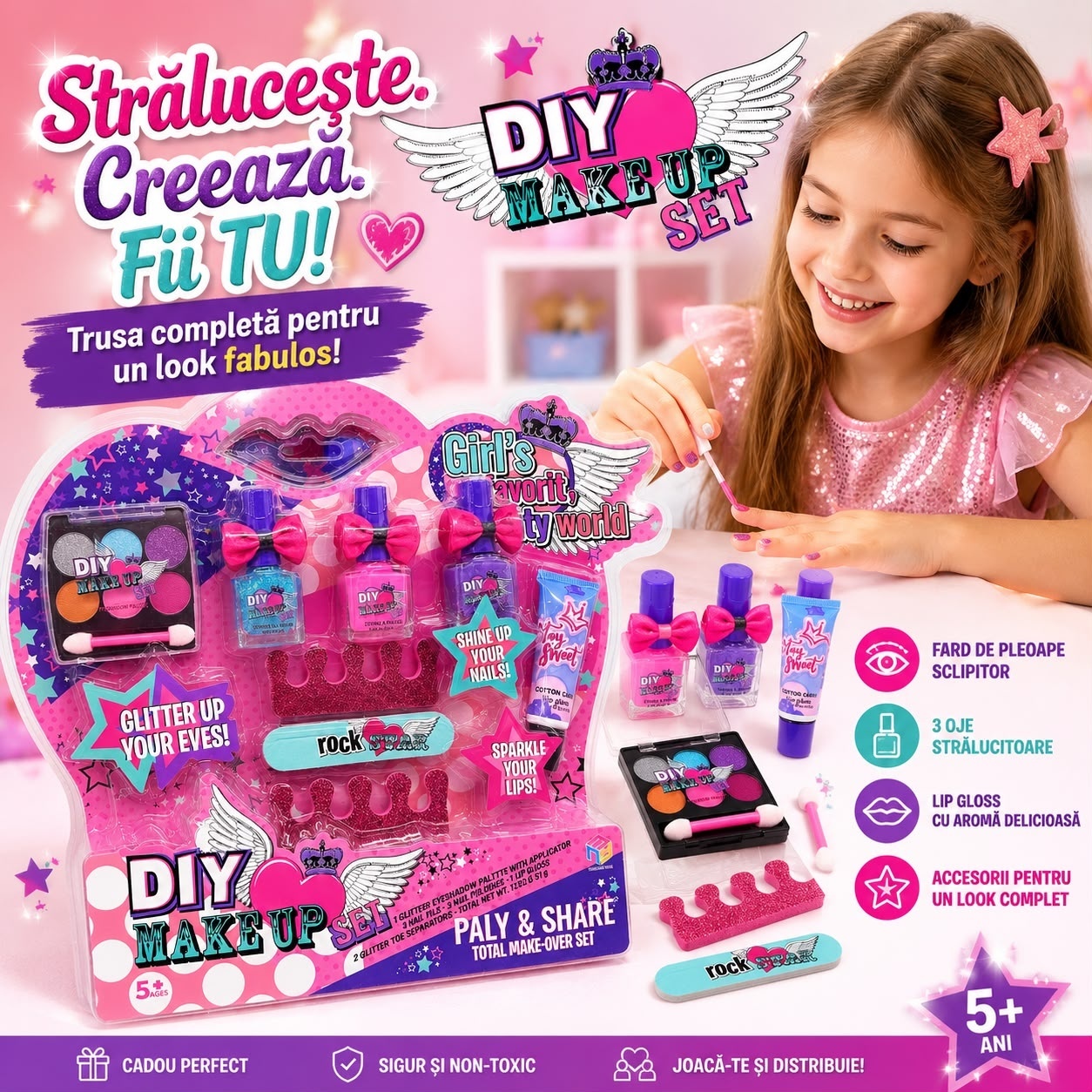 Trusă de Machiaj pentru Copii DIY, Set Cosmetice de Joacă cu Farduri, Ojă și Lip Gloss 2