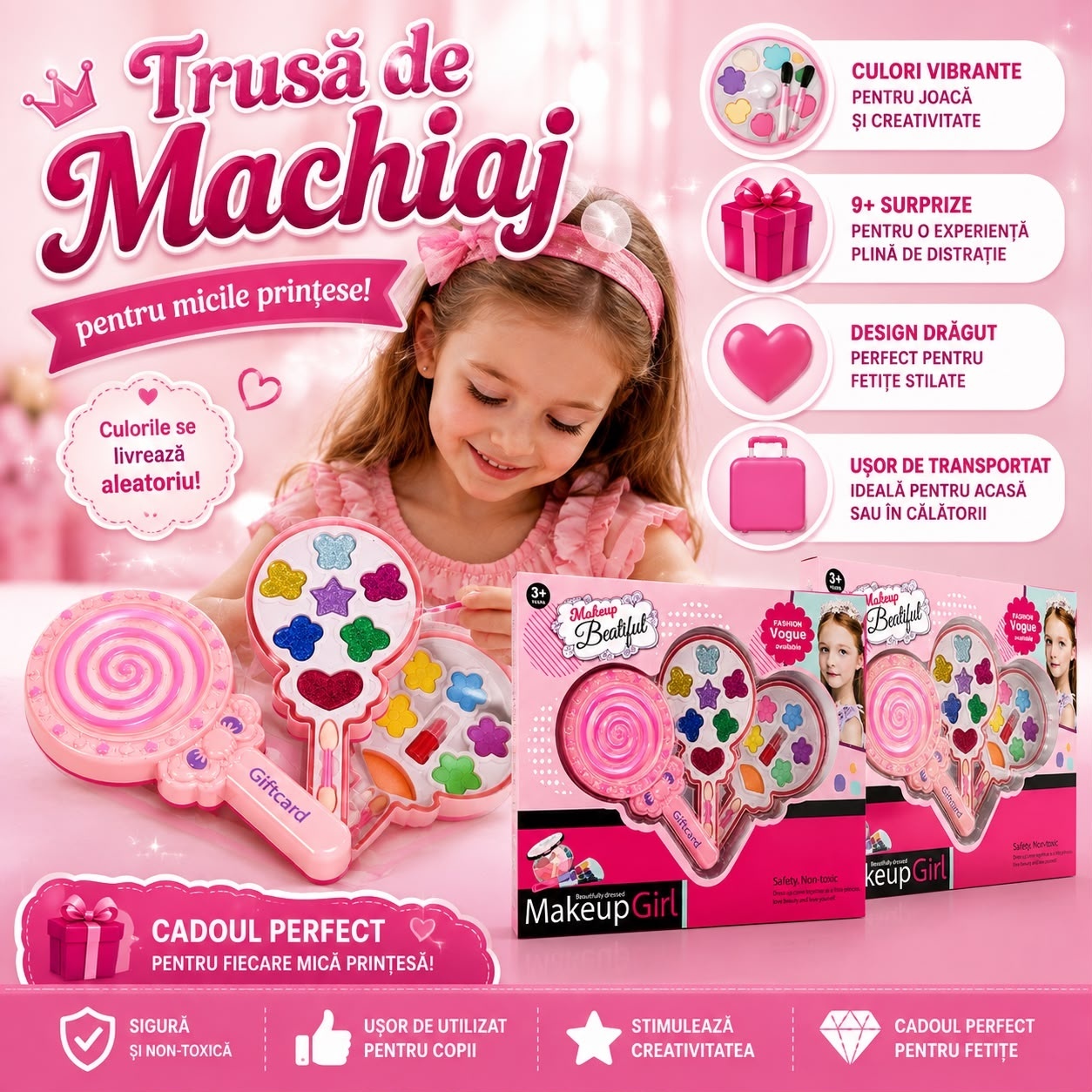 Trusă de Machiaj pentru Copii în Formă de Acadea, 9+ Accesorii, Culoare Aleatorie