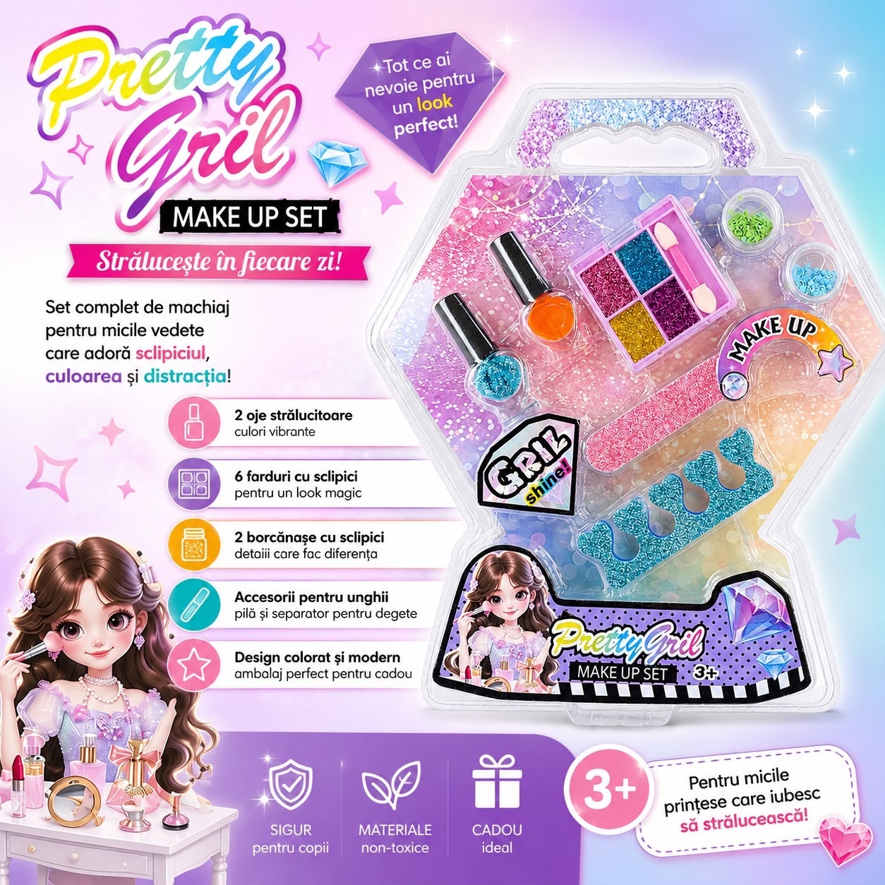 Trusă pentru Copii Pretty Girl Make Up Set cu Farduri, Oje, Sclipici și Accesorii pentru Unghii 2