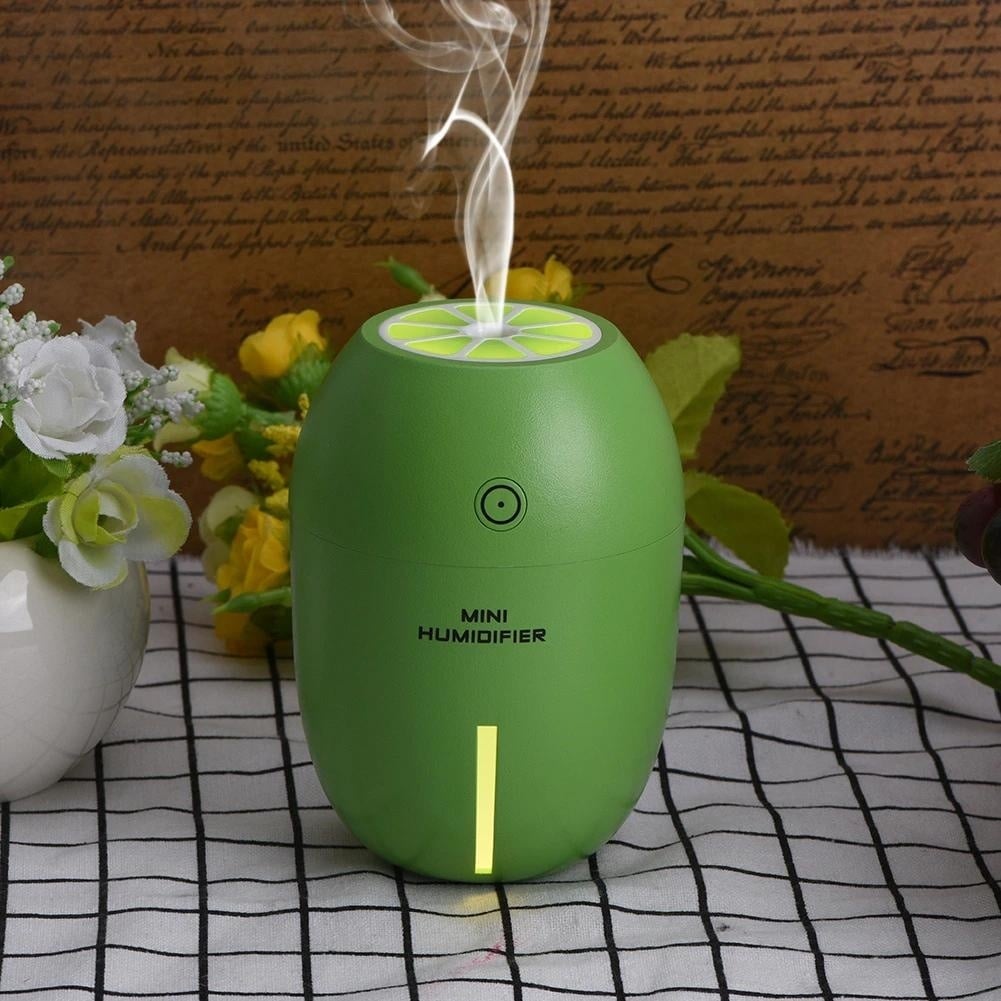 Umidificator aer portabil mini cu LED, aromaterapie, USB, design lamaie, verde