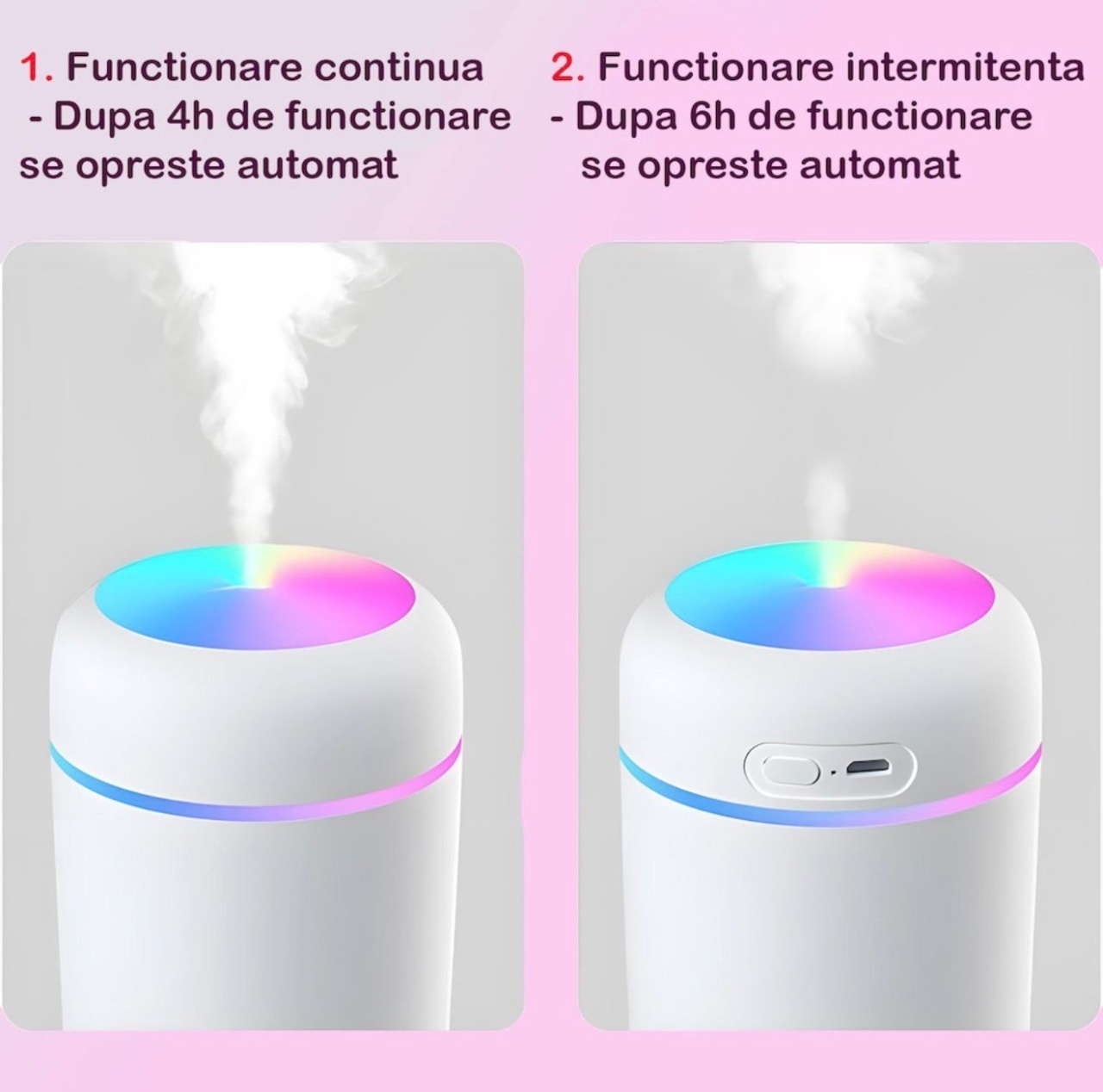 Umidificator Aer si Difuzor Aromaterapie 300ml, LED RGB, 2 Moduri Pulverizare, USB, Alb 4