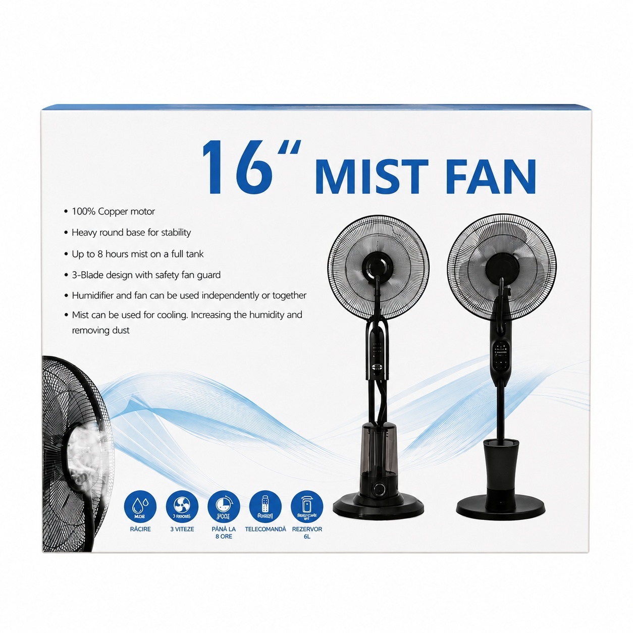 Ventilator cu Umidificator, Negru, 75W, 220V, 3 Viteze, Timer 7.5 Ore, Oscilație 70° 2