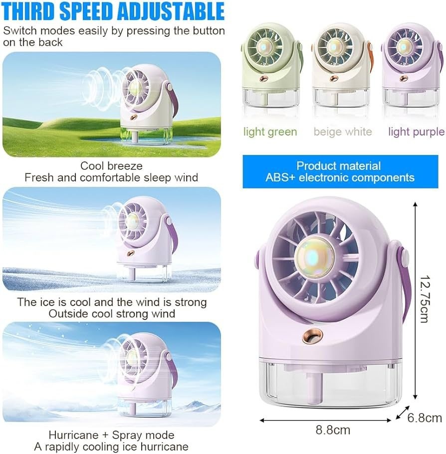 Ventilator portabil cu pulverizare apa si rezervor, 3 trepte viteza, lumina LED, USB, mov 2
