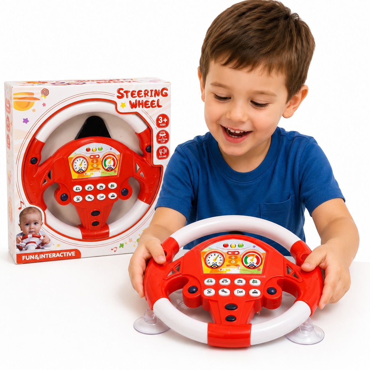 Volan de jucarie pentru copii- sunete diverse interactiv rosu cu alb 2