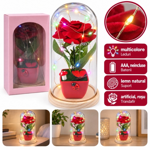 Cupolă decorativă cu trandafir roșu și leduri multicolore, suport din lemn, 20 cm - Img 1