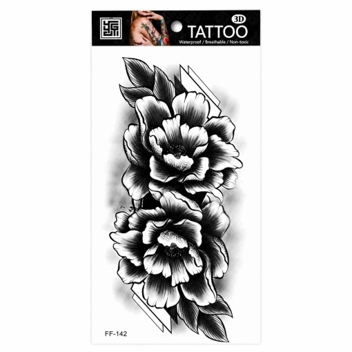 Tatuaj Temporar Semipermanent Flori Bujor Realiste – Design Floral Black &amp; Grey, 18 cm - Img 1