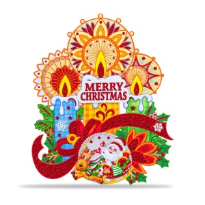 Autocolant geam Craciun, sticker fereastra decorativ cu sclipici, Mos Craciun si lumanari, 21x17cm