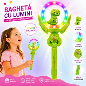 Baghetă cu lumini Dinozaur verde, 38 cm – jucărie magică pentru copii