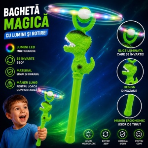 Baghetă cu lumini, Dinozaur verde, cu elice rotativă 360°, 38 cm – jucărie interactivă pentru copii