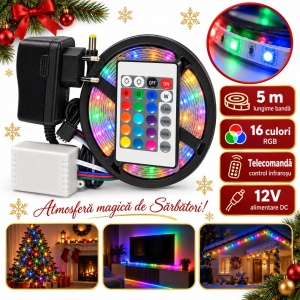Bandă LED RGB de Crăciun cu telecomandă, SMD 2835, 5 m, 12 V, ambalaj 24 x 15 cm