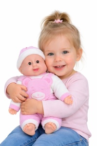 Bebelus adorabil interactiv 45 cm, rade, costum roz cu ursulet, +3 ani - Img 2