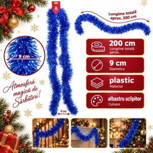 Beteală de Crăciun albastră sclipitoare, plastic, diametru 9 cm, lungime 2 m - Img 6