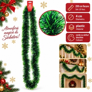 Beteală de Crăciun,plastic, verde cu vârfuri deschise, 200 cm, Ø 8 cm