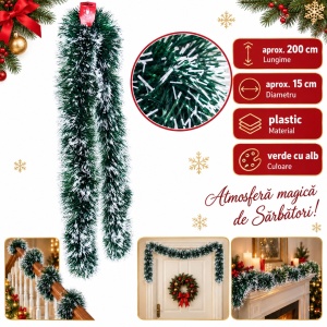 Beteală de Crăciun verde cu vârfuri albe, plastic, lungime 200 cm, diametru 15 cm