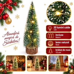 Brad decorativ de Crăciun cu LED, brăduț de masă pe bază din lemn, 15 cm - Img 5