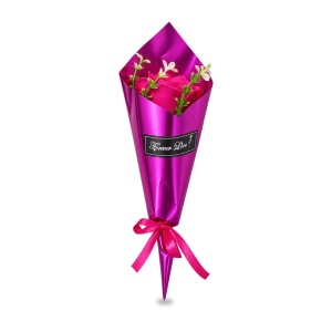 Buchet decorativ cu trandafir fucsia din sapun, cu funda satinata, 35 cm - Img 2