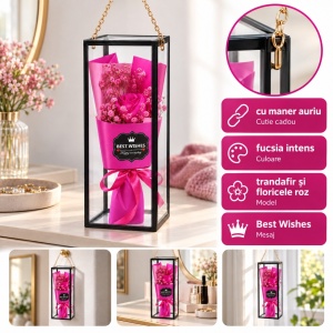 Buchet decorativ cu trandafir fucsia, în cutie transparentă cu mâner