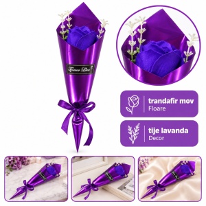 Buchet decorativ cu trandafir mov din sapun, cu funda satinata, 35 cm - Img 5