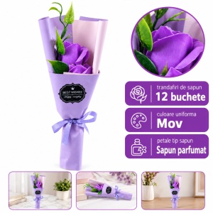 Buchet decorativ cu trandafiri mov, set cadou mov, 25 cm