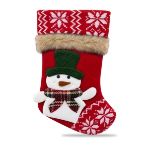 Ciorap de Crăciun decorativ, model Om de Zăpadă, textil pufos, roșu cu alb, 35x17cm