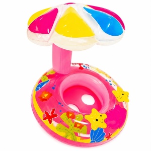 Colac Gonflabil pentru Bebeluși cu Parasolar – Roz, Model Marin, pentru Piscină și Plajă