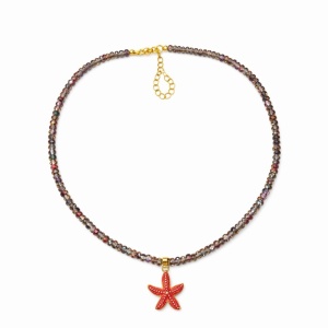 Colier Roxe de vara cu pietricele multicolore si pandantiv stea de mare rosie, reglabil 40 cm