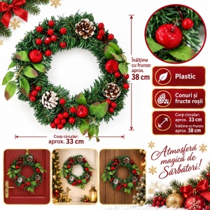 Coroniță de Crăciun artificială, 30 cm, din plastic, cu conuri și fructe roșii, verde