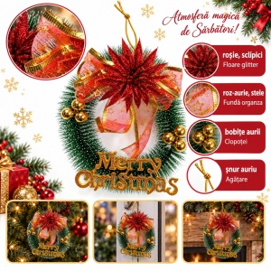 Coroniță de Crăciun artificială cu floare glitter roșie și fundă organza, 22 x 16 cm - Img 5