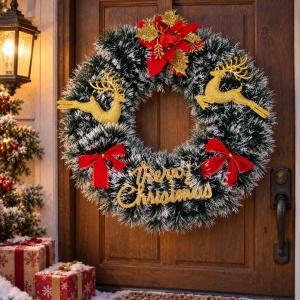 Coroniță decorativă de Crăciun cu reni aurii, fundițe roșii și inscripție Merry Christmas, 40x38 cm - Img 3