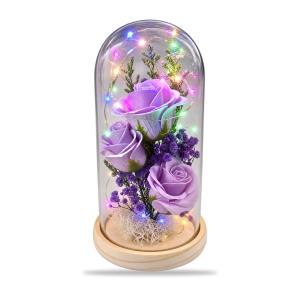 Cupolă cu trandafiri mov și LED multicolor, suport din lemn, cutie cadou, 19x7 cm - Img 2