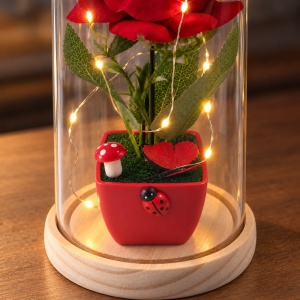 Cupolă decorativă cu trandafir roșu și leduri multicolore, suport din lemn, 20 cm - Img 4