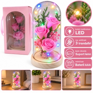 Cupolă decorativă cu trandafiri roz și lumini LED multicolore, plastic, suport lemn, 19 cm