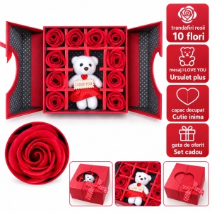 Cutie cadou cu 10 trandafiri roșii și ursuleț , rosu, cu mesaj I love You
