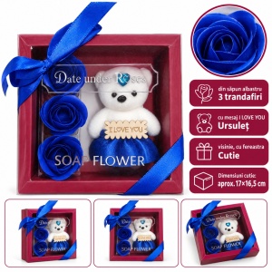 Decoratiune cadou cu 3 trandafiri din săpun și ursuleț I LOVE YOU, albastru, cu fundita, 20cm
