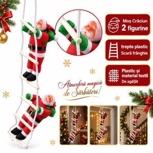 Decorațiune de Crăciun cu 2 Moș Crăciun pe scară, plastic și textil, 65 cm - Img 6