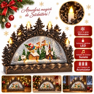 Decoratiune de Craciun luminoasa cu efect de ninsoare si sunete, model cu Mos Craciun, 40x28 cm - Img 2