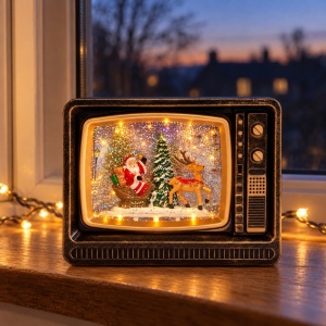 Decorațiune de Crăciun, model televizor retro cu lumini LED și muzică, 19,5 cm - Img 3