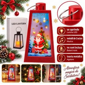 Felinar de Craciun cu LED si muzica, model Mos Craciun, rosu, 19x8,5 cm