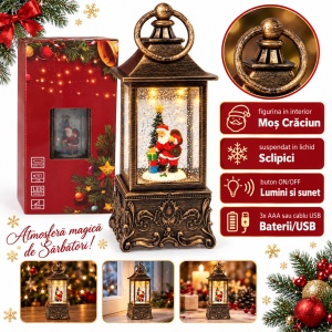 Felinar decorativ de Crăciun cu Moș Crăciun și sclipici, cu lumini și muzica , 23 cm
